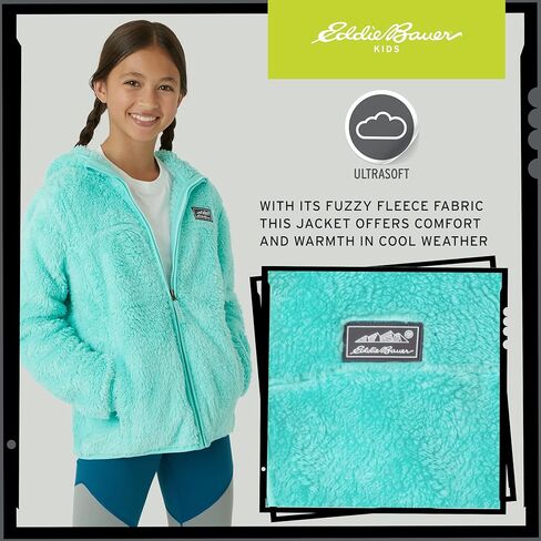 Eddie Bauer Kids’ Jacket – Kids’ Full Zip Ultra Soft Sherpa Fleece Hoodie Sweatshirt Boys for Girls (5-16), Size Large (14), Aqua, (ERU00HD810A-AQU-L) in Saudi Arabia