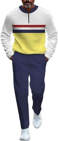 طقم سراويل طويلة للرجال مطبوع عليه قميص بولو، قميص رياضي بنصف سحاب ملون مع سروال للركض مكون من قطعتين in Kuwait