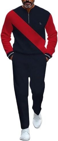 Men's printed polo shirt long pants set, color blocked half zipper sports shirt jogging pants two-piece set in Saudi Arabia