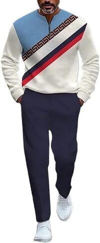 Men's printed polo shirt long pants set, color blocked half zipper sports shirt jogging pants two-piece set in Saudi Arabia