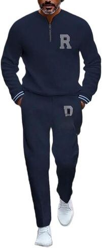 Men's printed polo shirt long pants set, color blocked half zipper sports shirt jogging pants two-piece set in Saudi Arabia