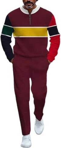 Men's printed polo shirt long pants set, color blocked half zipper sports shirt jogging pants two-piece set in Saudi Arabia