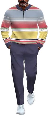 Men's printed polo shirt long pants set, color blocked half zipper sports shirt jogging pants two-piece set in Saudi Arabia