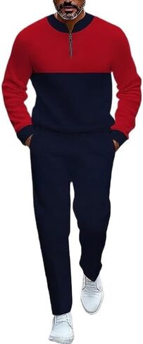 Men's printed polo shirt long pants set, color blocked half zipper sports shirt jogging pants two-piece set in Saudi Arabia