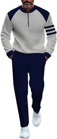 Men's printed polo shirt long pants set, color blocked half zipper sports shirt jogging pants two-piece set in Saudi Arabia