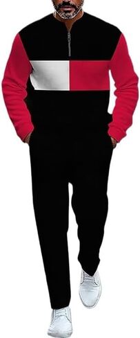 Men's printed polo shirt long pants set, color blocked half zipper sports shirt jogging pants two-piece set in Saudi Arabia