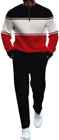 Men's printed polo shirt long pants set, color blocked half zipper sports shirt jogging pants two-piece set in Saudi Arabia