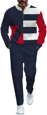 Men's printed polo shirt long pants set, color blocked half zipper sports shirt jogging pants two-piece set in Saudi Arabia