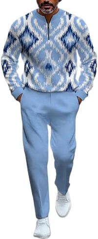 Men's printed polo shirt long pants set, color blocked half zipper sports shirt jogging pants two-piece set in Saudi Arabia