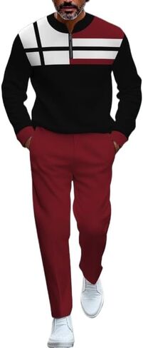 Men's printed polo shirt long pants set, color blocked half zipper sports shirt jogging pants two-piece set in Saudi Arabia