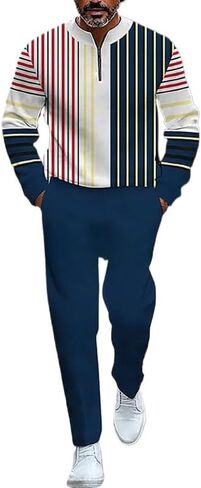 Men's printed polo shirt long pants set, color blocked half zipper sports shirt jogging pants two-piece set in Saudi Arabia