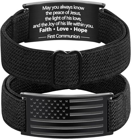 Valentines Day Gifts - Patriotic American Flag Bracelet for Men - Military Adjustable Black Elastic Strap with Bible Verse - Veteran Gifts, Birthday Gift for Boys in Kuwait
