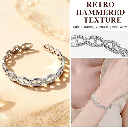 Silver Cuff Bracelet Bangle for Women, Hammerd Texture Silver Bangle, Adjustable Women's Cuff Bracelets with Openwork Design, Titanium Steel Bracelets for Women Non Tarnish Waterproof in Saudi Arabia
