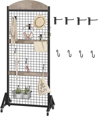 Grid Wall Panel 5.7’ x 2’ FT Grid Display Rack, Movable Gridwall Display Stand with Wheels, Floorstanding Wire Grid Rack with 4 S-Shaped Hooks and 4 Garment Hooks, Greige and Black TCJ17BG in Saudi Arabia