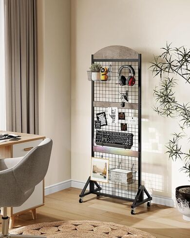 Grid Wall Panel 5.7’ x 2’ FT Grid Display Rack, Movable Gridwall Display Stand with Wheels, Floorstanding Wire Grid Rack with 4 S-Shaped Hooks and 4 Garment Hooks, Greige and Black TCJ17BG in Saudi Arabia