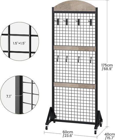 Grid Wall Panel 5.7’ x 2’ FT Grid Display Rack, Movable Gridwall Display Stand with Wheels, Floorstanding Wire Grid Rack with 4 S-Shaped Hooks and 4 Garment Hooks, Greige and Black TCJ17BG in Saudi Arabia