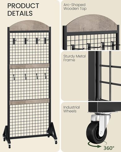 Grid Wall Panel 5.7’ x 2’ FT Grid Display Rack, Movable Gridwall Display Stand with Wheels, Floorstanding Wire Grid Rack with 4 S-Shaped Hooks and 4 Garment Hooks, Greige and Black TCJ17BG in Saudi Arabia