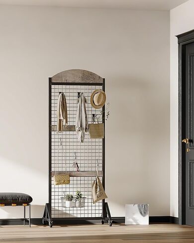 Grid Wall Panel 5.7’ x 2’ FT Grid Display Rack, Movable Gridwall Display Stand with Wheels, Floorstanding Wire Grid Rack with 4 S-Shaped Hooks and 4 Garment Hooks, Greige and Black TCJ17BG in Saudi Arabia