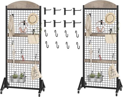 Grid Wall Panel 5.7’ x 2’ FT Grid Display Rack, Movable Gridwall Display Stand with Wheels, Floorstanding Wire Grid Rack with 4 S-Shaped Hooks and 4 Garment Hooks, Greige and Black TCJ17BG in Saudi Arabia