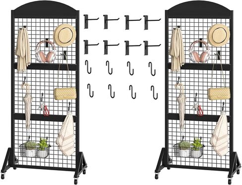 Grid Wall Panel 5.7’ x 2’ FT Grid Display Rack, Movable Gridwall Display Stand with Wheels, Floorstanding Wire Grid Rack with 4 S-Shaped Hooks and 4 Garment Hooks, Greige and Black TCJ17BG in Saudi Arabia