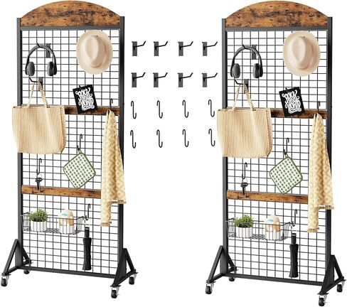 Grid Wall Panel 5.7’ x 2’ FT Grid Display Rack, Movable Gridwall Display Stand with Wheels, Floorstanding Wire Grid Rack with 4 S-Shaped Hooks and 4 Garment Hooks, Greige and Black TCJ17BG in Saudi Arabia