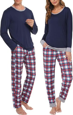 Men & Women Matching Pajama Sets for Family Couples Long Sleeve Sleepwear Plaid Striped Pants with Pockets in Saudi Arabia