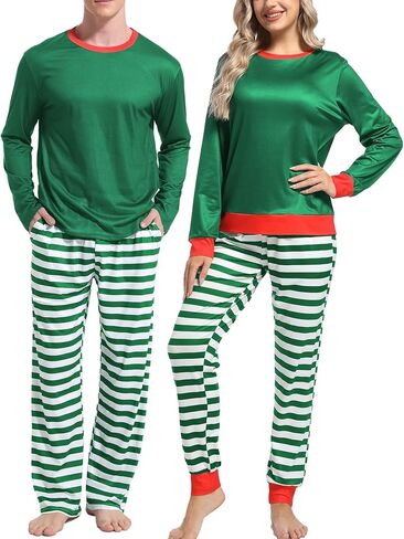 Men & Women Matching Pajama Sets for Family Couples Long Sleeve Sleepwear Plaid Striped Pants with Pockets in Saudi Arabia