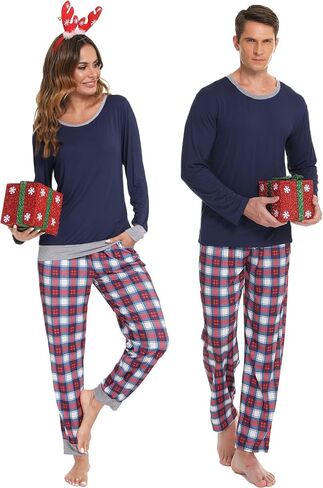 Men & Women Matching Pajama Sets for Family Couples Long Sleeve Sleepwear Plaid Striped Pants with Pockets in Saudi Arabia