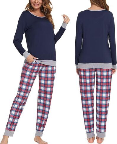 Men & Women Matching Pajama Sets for Family Couples Long Sleeve Sleepwear Plaid Striped Pants with Pockets in Saudi Arabia