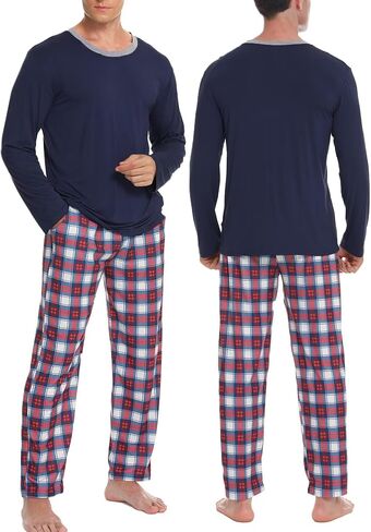 Men & Women Matching Pajama Sets for Family Couples Long Sleeve Sleepwear Plaid Striped Pants with Pockets in Saudi Arabia
