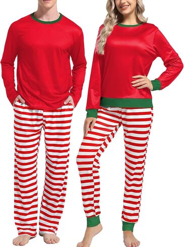 Men & Women Matching Pajama Sets for Family Couples Long Sleeve Sleepwear Plaid Striped Pants with Pockets in Saudi Arabia