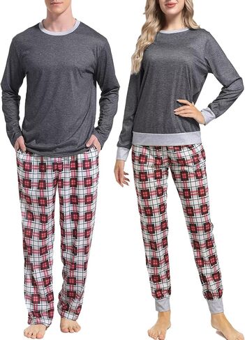 Men & Women Matching Pajama Sets for Family Couples Long Sleeve Sleepwear Plaid Striped Pants with Pockets in Saudi Arabia