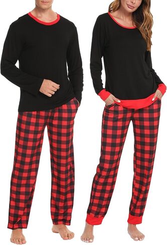 Men & Women Matching Pajama Sets for Family Couples Long Sleeve Sleepwear Plaid Striped Pants with Pockets in Saudi Arabia