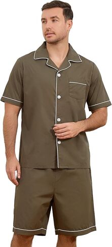 Vulcandon Mens Pajamas Set, 100% Cotton Poplin Classic Collar Short Sleeve Pajamas with Pockets in Saudi Arabia