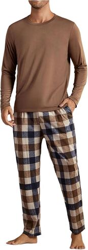 WDIRARA Men's 2 Piece Pajama Sets Long Sleeve Sleepwear Plaid Pants Pjs Set in Saudi Arabia