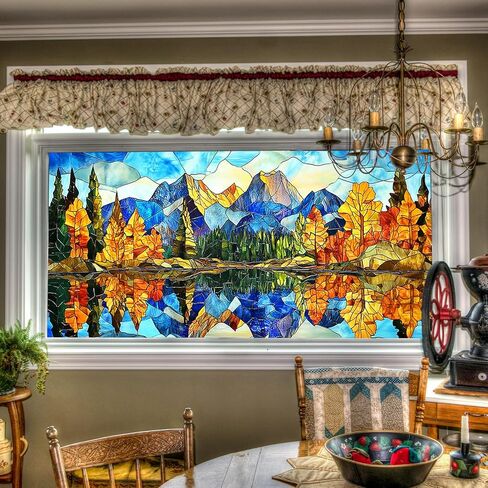 Stained Glass Mountain Window Film 39.3x17.7 Inches Scenic Decorative Window Cling Decorative Film for Glass Door Home and Office Bedrooms PVC Static Cling Sticker in Saudi Arabia