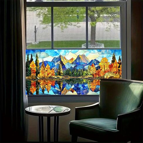 Stained Glass Mountain Window Film 39.3x17.7 Inches Scenic Decorative Window Cling Decorative Film for Glass Door Home and Office Bedrooms PVC Static Cling Sticker in Saudi Arabia