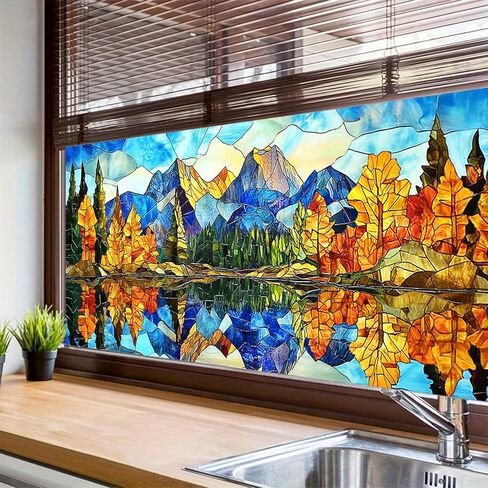 Stained Glass Mountain Window Film 39.3x17.7 Inches Scenic Decorative Window Cling Decorative Film for Glass Door Home and Office Bedrooms PVC Static Cling Sticker in Saudi Arabia