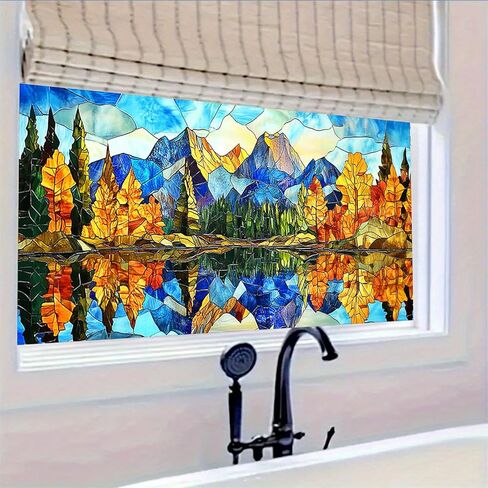 Stained Glass Mountain Window Film 39.3x17.7 Inches Scenic Decorative Window Cling Decorative Film for Glass Door Home and Office Bedrooms PVC Static Cling Sticker in Saudi Arabia