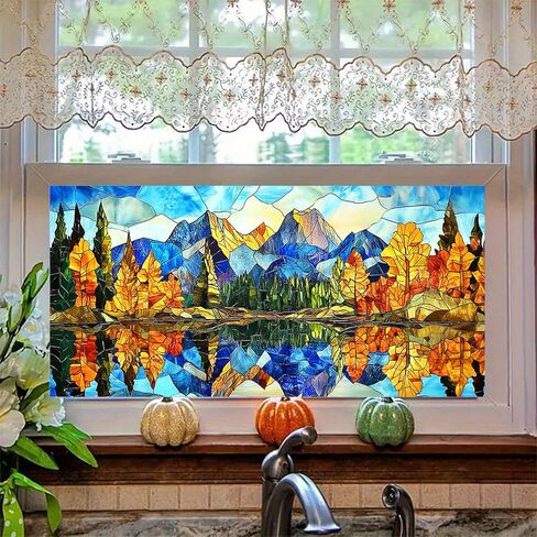 Stained Glass Mountain Window Film 39.3x17.7 Inches Scenic Decorative Window Cling Decorative Film for Glass Door Home and Office Bedrooms PVC Static Cling Sticker in Saudi Arabia
