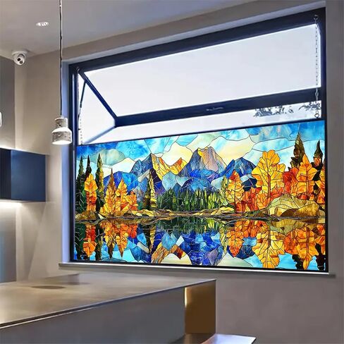Stained Glass Mountain Window Film 39.3x17.7 Inches Scenic Decorative Window Cling Decorative Film for Glass Door Home and Office Bedrooms PVC Static Cling Sticker in Saudi Arabia