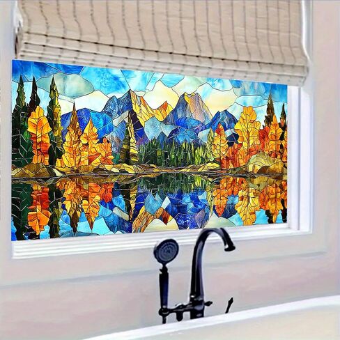 Stained Glass Mountain Window Film 39.3x17.7 Inches Scenic Decorative Window Cling Decorative Film for Glass Door Home and Office Bedrooms PVC Static Cling Sticker in Saudi Arabia