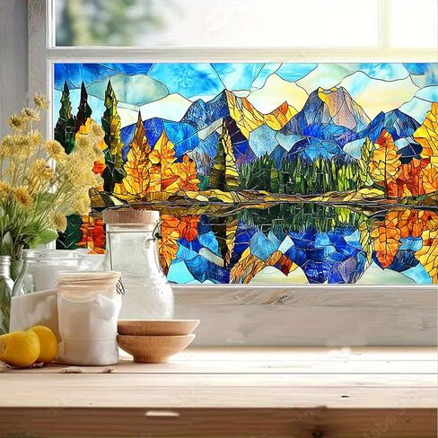 Stained Glass Mountain Window Film 39.3x17.7 Inches Scenic Decorative Window Cling Decorative Film for Glass Door Home and Office Bedrooms PVC Static Cling Sticker in Saudi Arabia