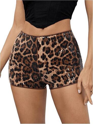 MAKEMECHIC Women's Leopard Print Sparkly Sequin Shorts Y2k Club Rave Outfits in Saudi Arabia