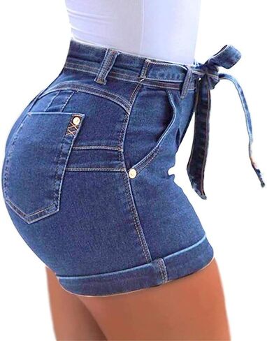 Women's High Waist Denim Stretchy Shorts Casual Classic Folded Hem Belt Washed Summer Jeans Sexy Shorts in Saudi Arabia