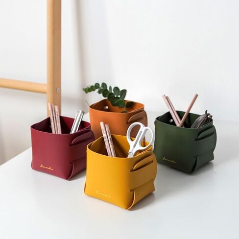 3 Pack Foldable Leather Desk Organizer, Pencil Pen Holder Makeup Brush Holder Organizer, for office, desk, bedroom, 4 * 4 * 3.5In, Grey, Red, Blue in Saudi Arabia