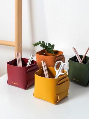 3 Pack Foldable Leather Desk Organizer, Pencil Pen Holder Makeup Brush Holder Organizer, for office, desk, bedroom, 4 * 4 * 3.5In, Grey, Red, Blue in Saudi Arabia
