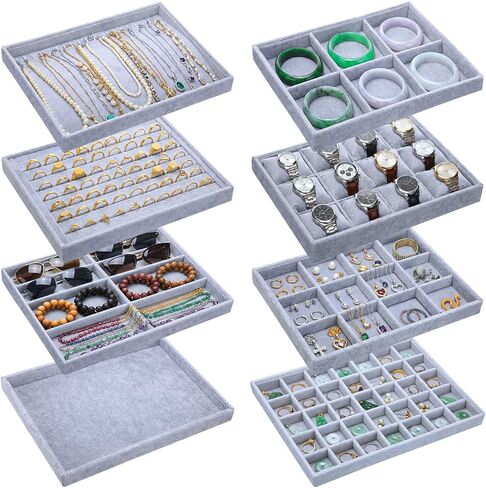 Tondiamo 8-in-1 Stackable Jewelry Organizer Tray Set for Drawers Grey Velvet Jewelry Drawer Inserts Container Display Case Storage Display Trays for Earring Necklace Rings Bracelet Sunglasses in Saudi Arabia