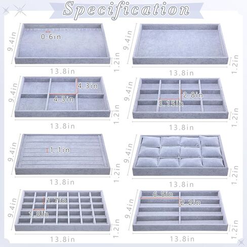 Tondiamo 8-in-1 Stackable Jewelry Organizer Tray Set for Drawers Grey Velvet Jewelry Drawer Inserts Container Display Case Storage Display Trays for Earring Necklace Rings Bracelet Sunglasses in Saudi Arabia