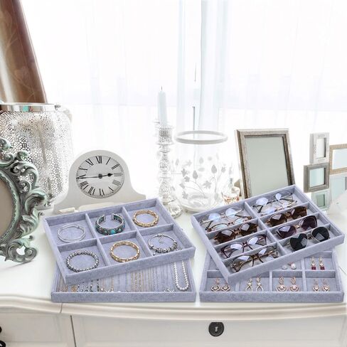 Tondiamo 8-in-1 Stackable Jewelry Organizer Tray Set for Drawers Grey Velvet Jewelry Drawer Inserts Container Display Case Storage Display Trays for Earring Necklace Rings Bracelet Sunglasses in Saudi Arabia